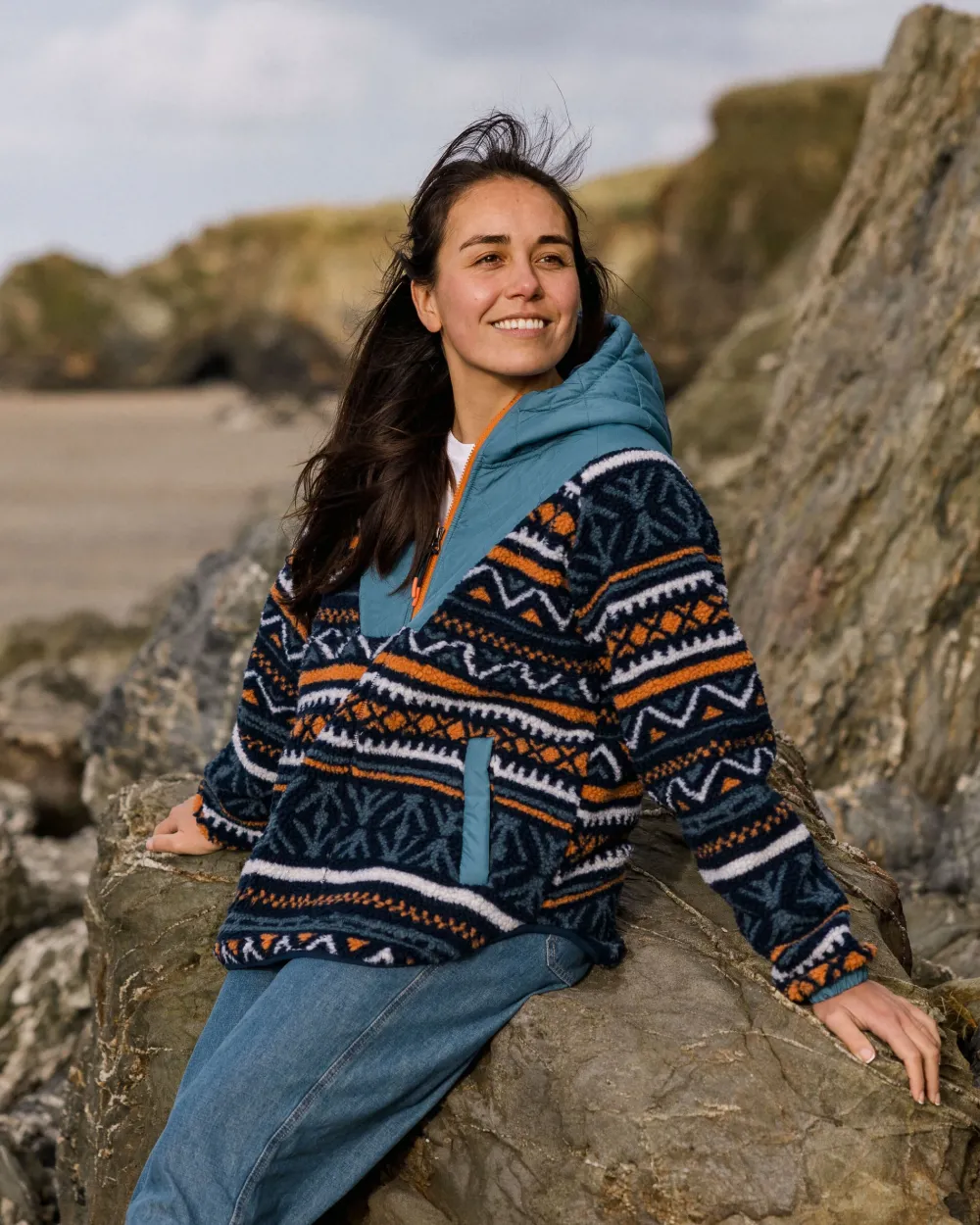 Passenger Fleece|Fleece>Beaumont Recycled Sherpa Hooded Fleece Homespun Stripe Navy