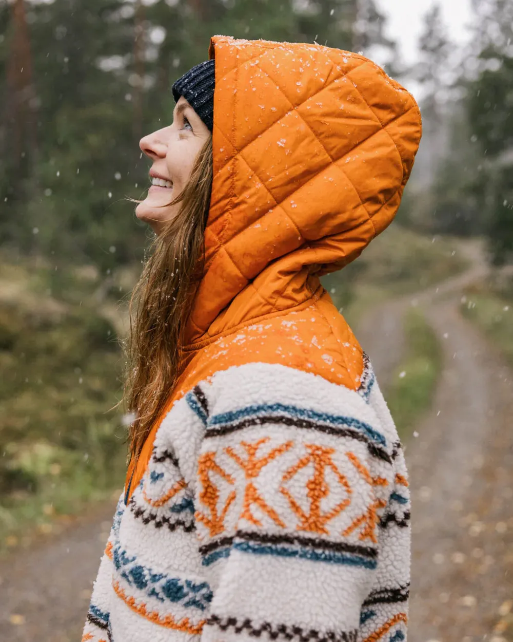 Passenger Fleece|Fleece>Beaumont Recycled Sherpa Hooded Fleece Homespun Stripe Sunrise Orange