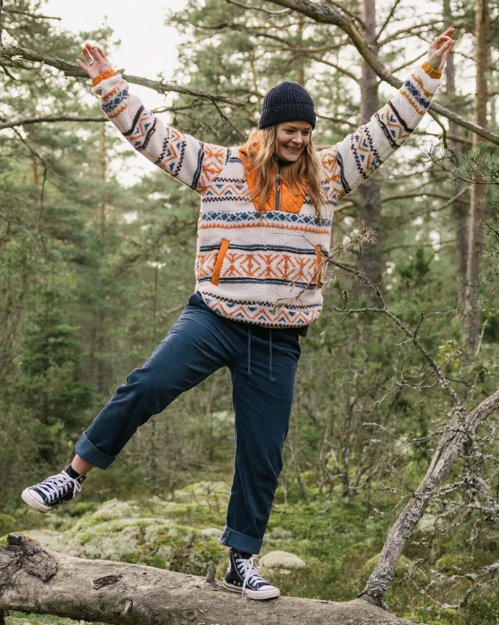 Passenger Fleece|Fleece>Beaumont Recycled Sherpa Hooded Fleece Homespun Stripe Sunrise Orange