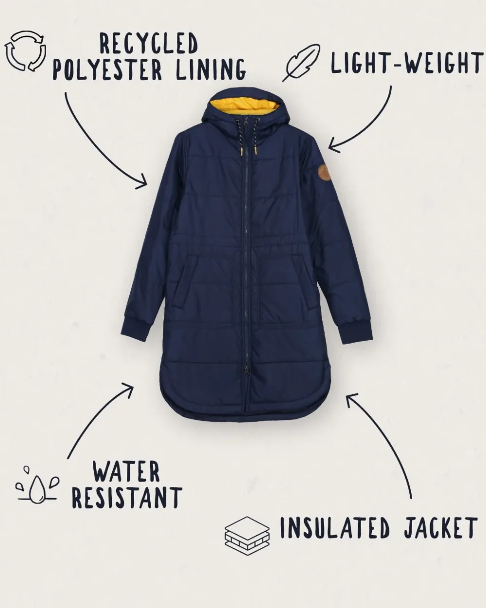 Passenger Water Resistant|Insulated>Flora Long Recycled Insulated Jacket Rich Navy