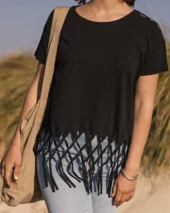 Passenger Tops & T-Shirts|Women's Outlet>Henna Recycled Cotton Tassel T-Shirt Black