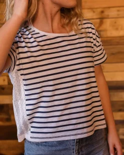 Passenger Tops & T-Shirts>Magnolia Recycled Cotton Crochet Trim T-Shirt Navy Stripe