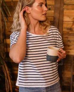 Passenger Tops & T-Shirts>Magnolia Recycled Cotton Crochet Trim T-Shirt Navy Stripe