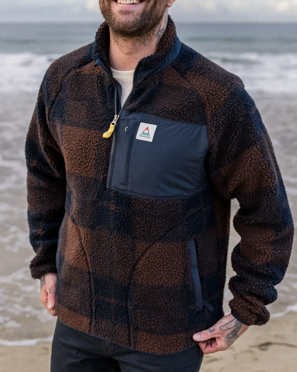 Floris van Bommel Fleece|Fleece>Offroad Recycled Sherpa 1/2 Zip Fleece Chestnut/Deep Navy Check