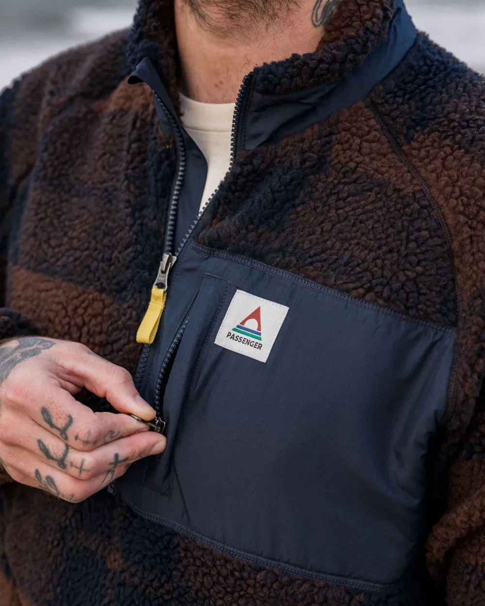 Floris van Bommel Fleece|Fleece>Offroad Recycled Sherpa 1/2 Zip Fleece Chestnut/Deep Navy Check