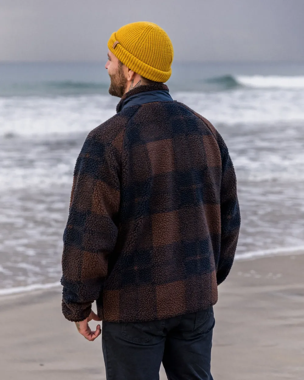 Floris van Bommel Fleece|Fleece>Offroad Recycled Sherpa 1/2 Zip Fleece Chestnut/Deep Navy Check