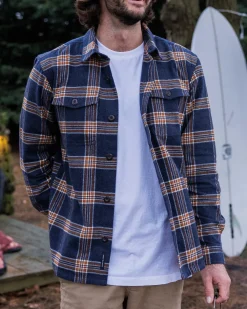 Passenger Shirts|Men's Outlet>Rustic Organic Cotton Heavyweight Overshirt Rich Navy Check