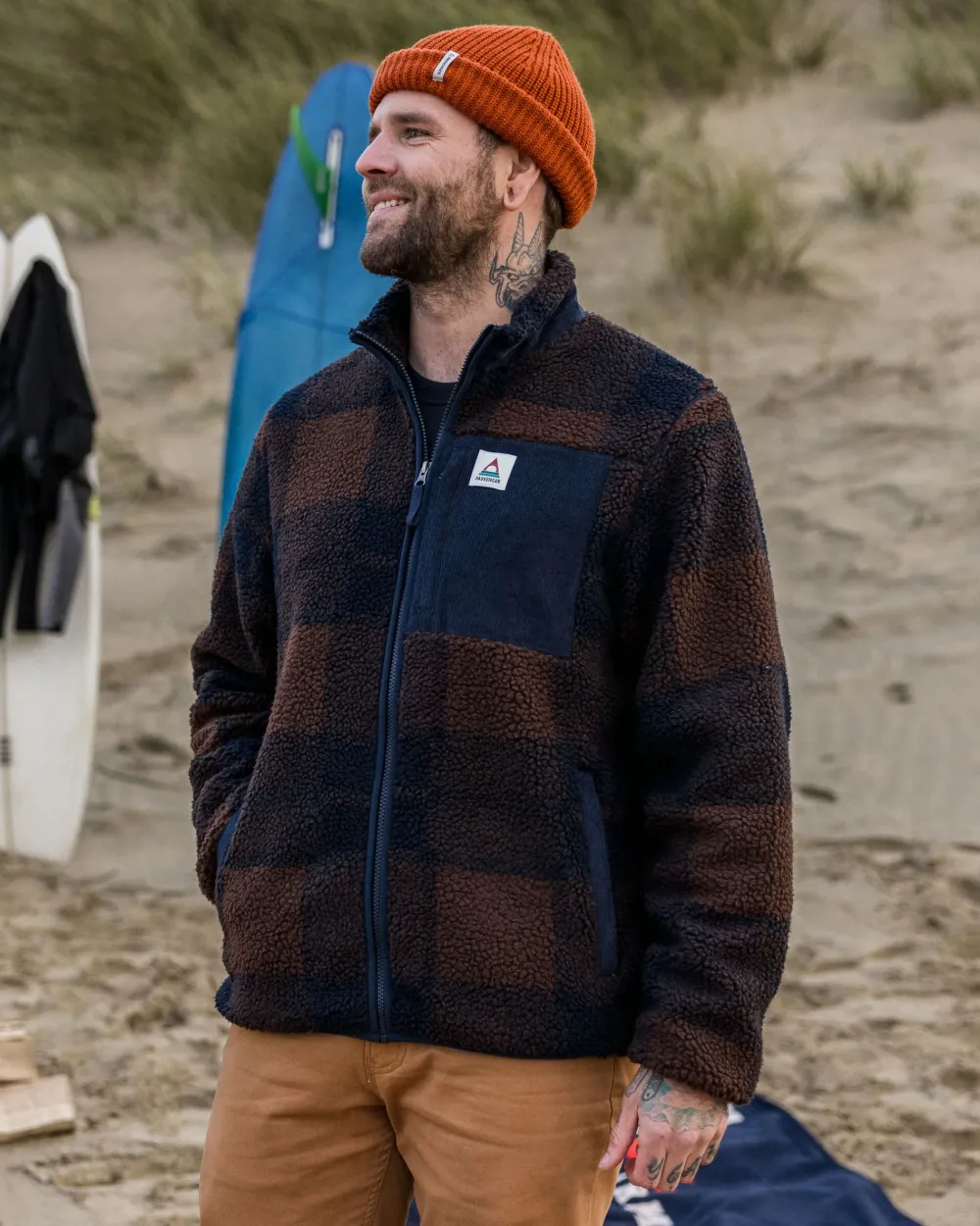 Floris van Bommel Fleece|Fleece>Trekker Recycled Deep-Pile Sherpa Fleece Chestnut/Deep Navy Check