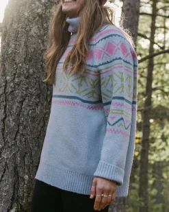 Passenger Knitwear|Women's Outlet>Whimsical Recycled Oversized Polo Neck Knitted Jumper Homespun Stripe Blue Fog