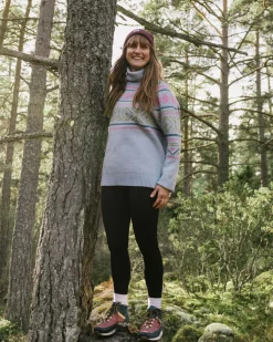 Passenger Knitwear|Women's Outlet>Whimsical Recycled Oversized Polo Neck Knitted Jumper Homespun Stripe Blue Fog