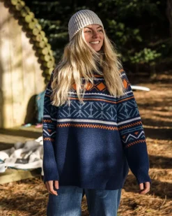 Passenger Knitwear|Women's Outlet>Whimsical Recycled Oversized Polo Neck Knitted Jumper Homespun Stripe Navy