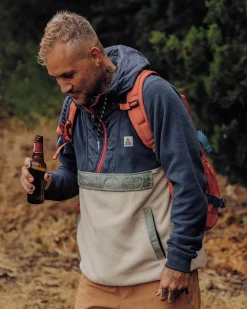 Passenger Fleece|Fleece>Woodland Hooded 1/2 Zip Recycled Polar Fleece Dark Denim/Oatmeal